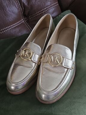 Michael Kors Gold Metallic MK Logo Slip-On Loafers